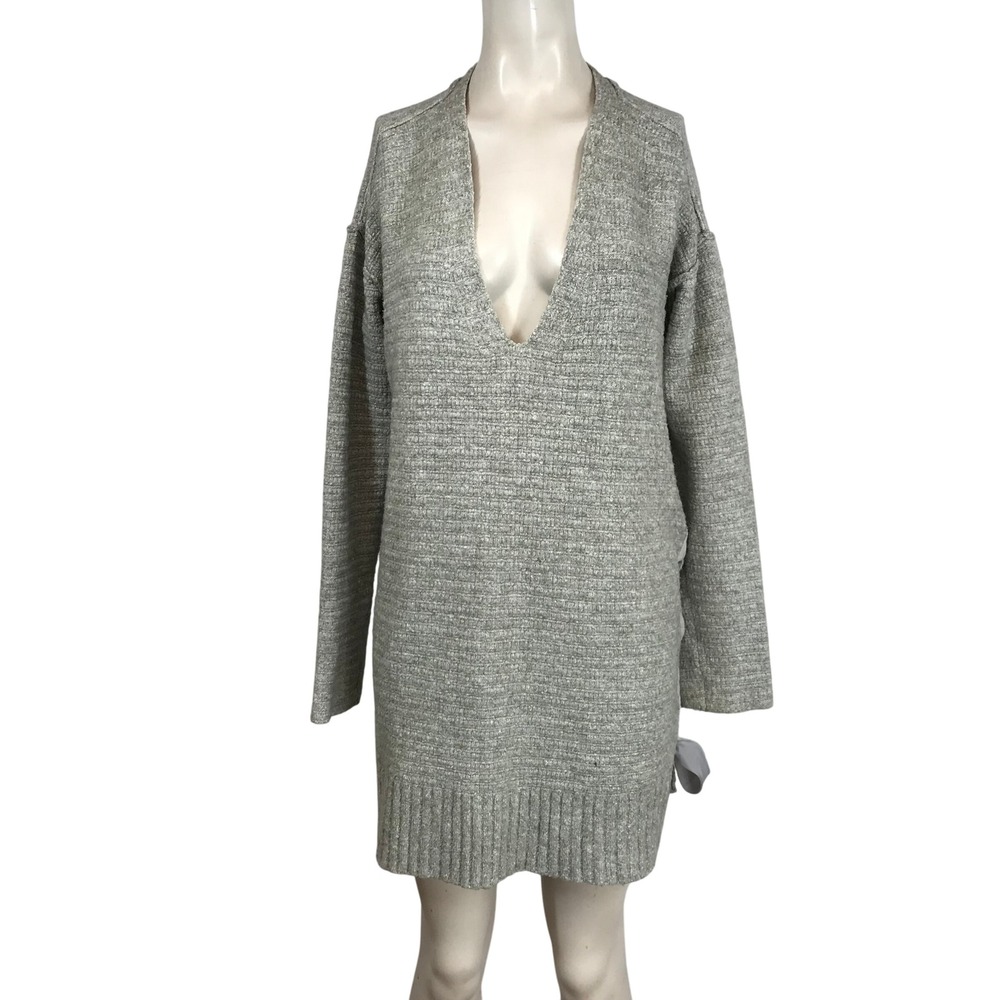 Free People Grey Textured Deep V Neck Sweater Dress Ribbed Hem Button Detail